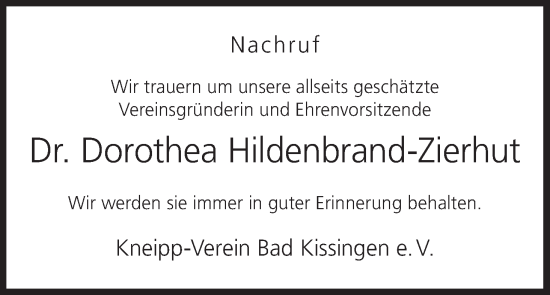 Anzeige von Dorothea Hildenbrand-Zierhut von MGO