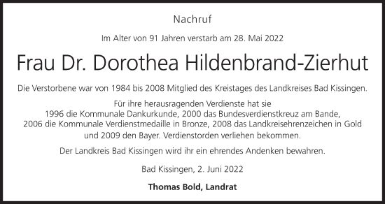 Anzeige von Dorothea Hildenbrand-Zierhut von MGO