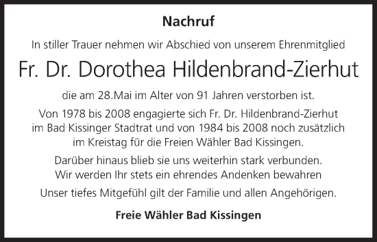 Anzeige von Dorothea Hildenbrand-Zierhut von MGO