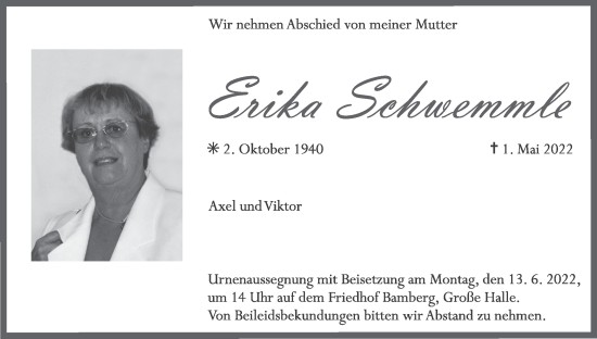 Anzeige von Erika Schwemmle von MGO
