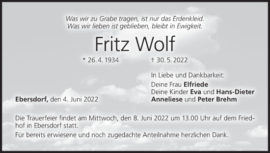 Anzeige von Fritz Wolf von MGO
