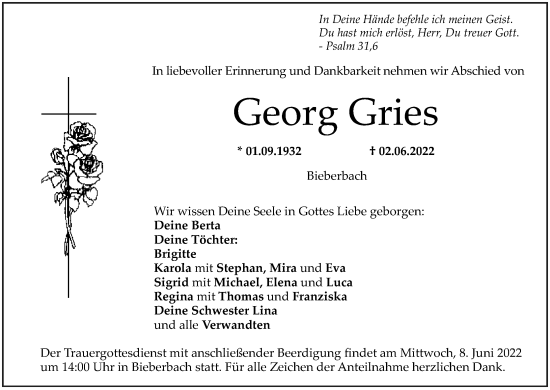 Anzeige von Georg Gries von MGO