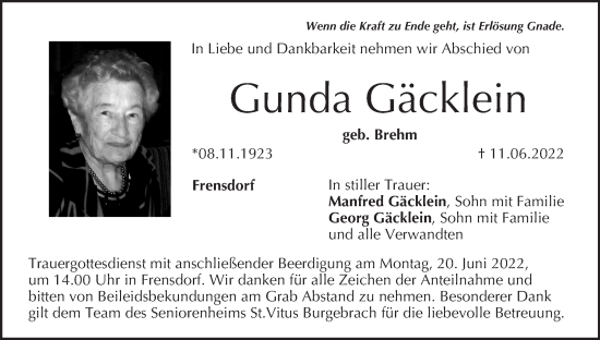 Anzeige von Gunda Gäcklein von MGO