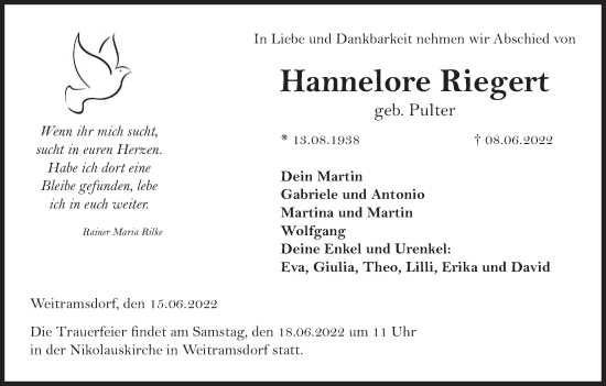 Anzeige von Hannelore Riegert von MGO