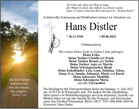 Anzeige von Hans Distler von MGO
