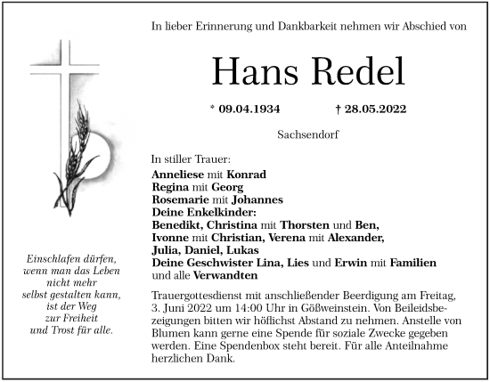 Anzeige von Hans Redel von MGO