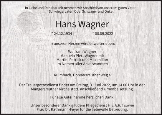 Anzeige von Hans Wagner von MGO
