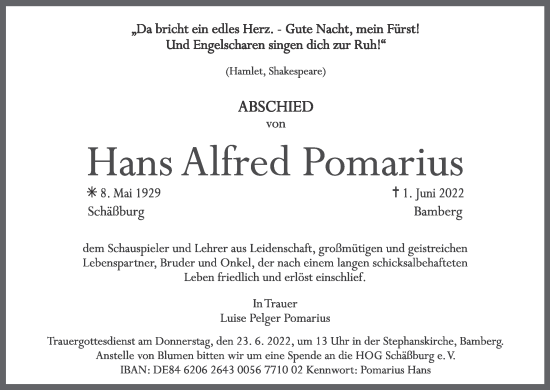 Anzeige von Hans Alfred Pomarius von MGO