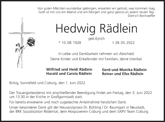 Anzeige von Hedwig Rädlein von MGO