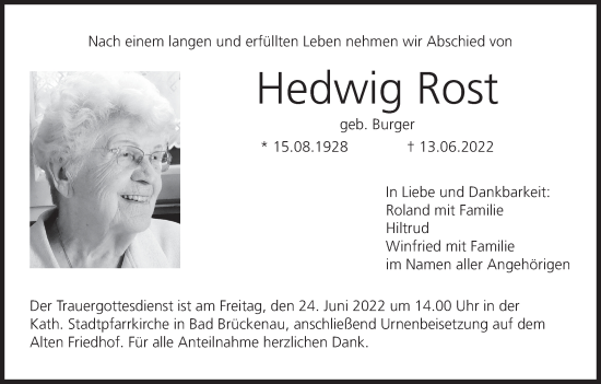Anzeige von Hedwig Rost von MGO