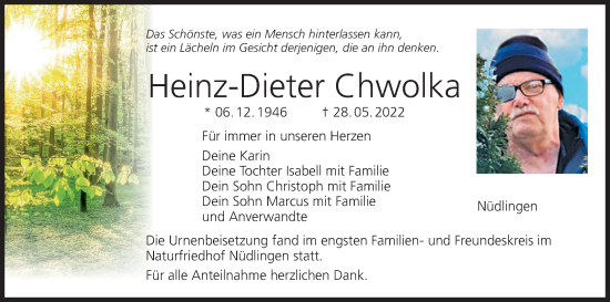 Anzeige von Heinz-Dieter Chwolka von MGO