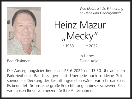 Anzeige von Heinz Mazur von MGO