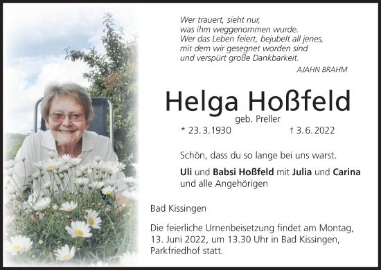 Anzeige von Helga Hoßfeld von MGO