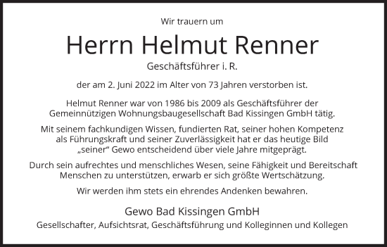 Anzeige von Helmut Renner von MGO