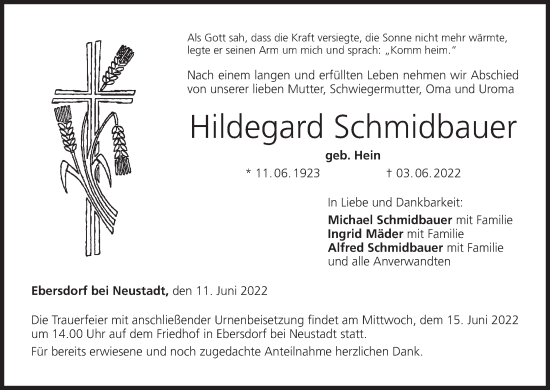 Anzeige von Hildegard Schmidbauer von MGO