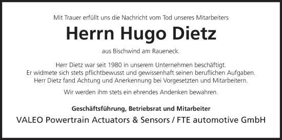 Anzeige von Hugo Dietz von MGO
