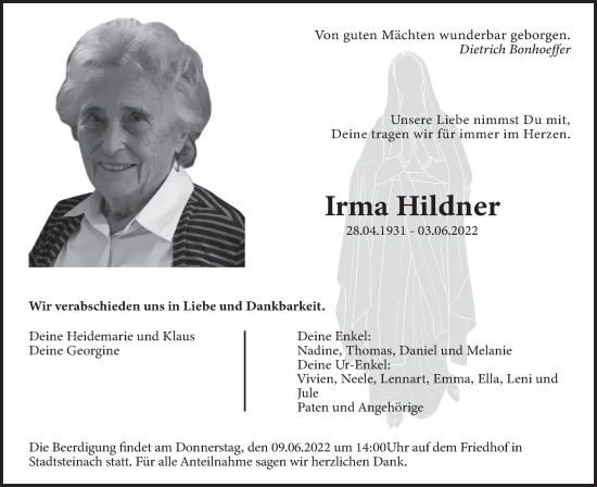 Anzeige von Irma Hildner von MGO