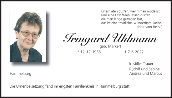Anzeige von Irmgard Uhlmann von MGO