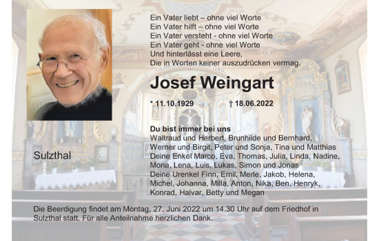 Anzeige von Josef Weingart von MGO