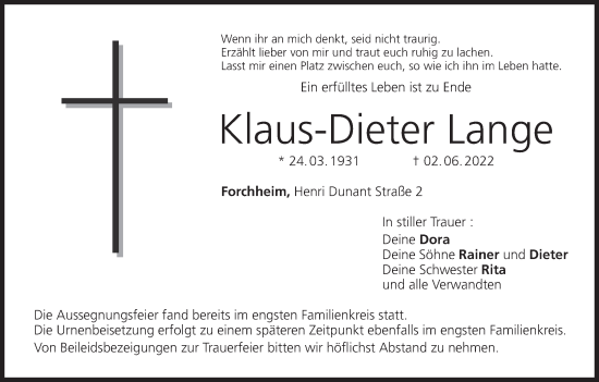 Anzeige von Klaus-Dieter Lange von MGO