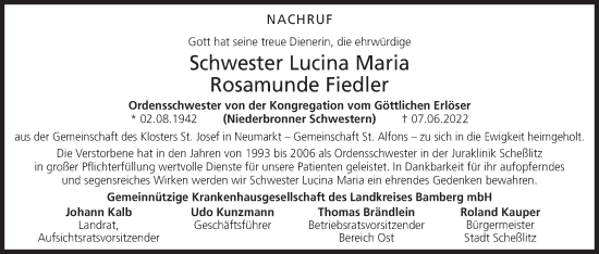 Anzeige von Lucina Maria Rosamunde Fiedler von MGO
