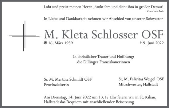 Anzeige von M. Kleta Schlosser von MGO