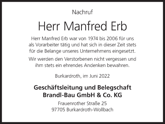 Anzeige von Manfred Erb von MGO