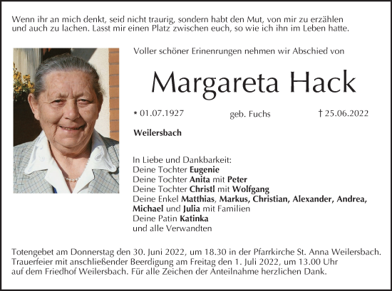 Anzeige von Margareta Hack von MGO