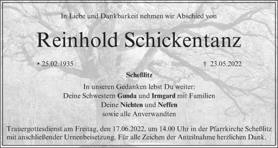 Anzeige von Reinhold Schickentanz von MGO