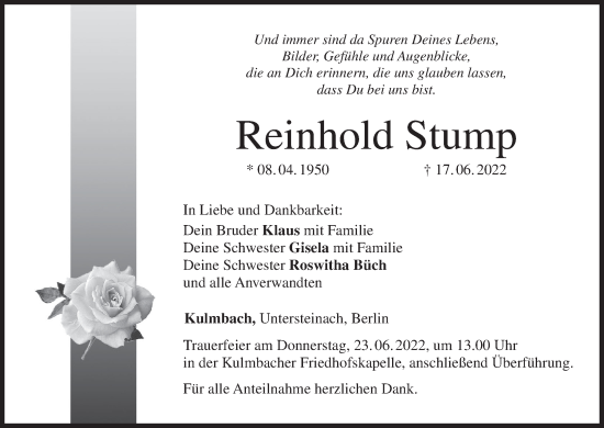 Anzeige von Reinhold Stump von MGO