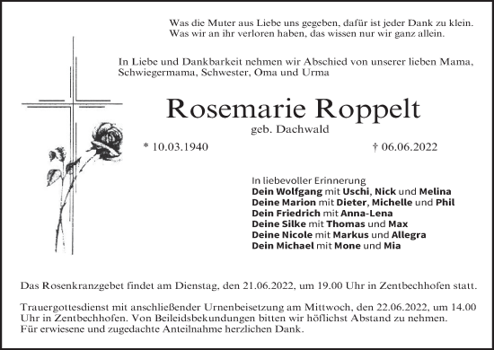 Anzeige von Rosemarie Roppelt von MGO