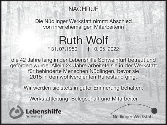 Anzeige von Ruth Wolf von MGO