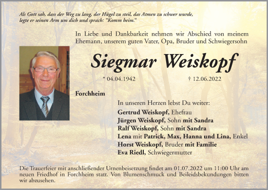Anzeige von Siegmar Weiskopf von MGO