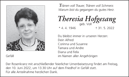 Anzeige von Theresia Hofgesang von MGO