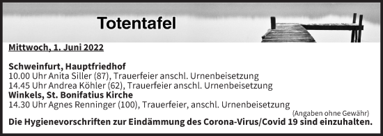 Anzeige von Totentafel vom 01.06.2022 von MGO