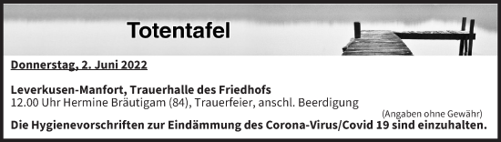 Anzeige von Totentafel vom 02.06.2022 von MGO