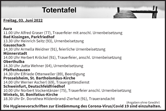 Anzeige von Totentafel vom 03.06.2022 von MGO