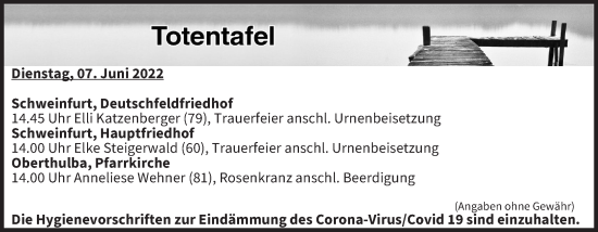 Anzeige von Totentafel vom 07.06.2022 von MGO
