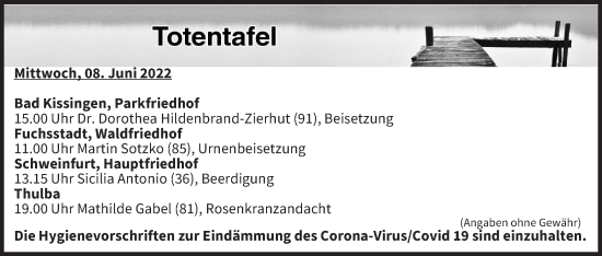 Anzeige von Totentafel vom 08.06.2022 von MGO