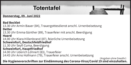 Anzeige von Totentafel vom 09.06.2022 von MGO