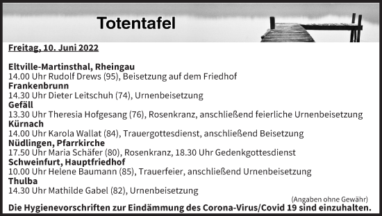 Anzeige von Totentafel vom 10.06.2022 von MGO