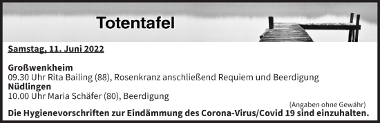 Anzeige von Totentafel vom 11.06.2022 von MGO
