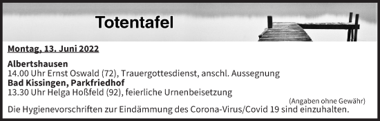 Anzeige von Totentafel vom 13.06.2022 von MGO