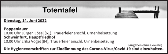 Anzeige von Totentafel vom 14.06.2022 von MGO