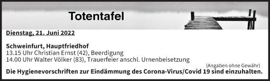 Anzeige von Totentafel vom 21.06.2022 von MGO