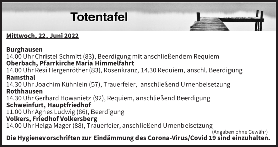 Anzeige von Totentafel vom 22.06.2022 von MGO