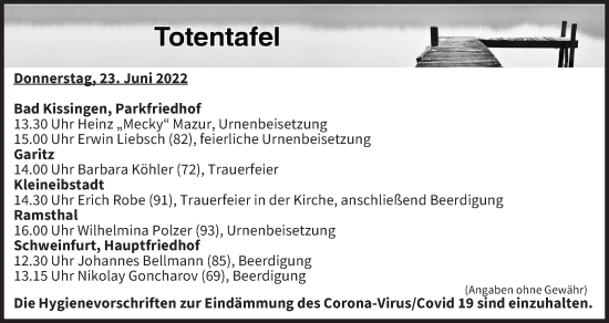 Anzeige von Totentafel vom 23.06.2022 von MGO
