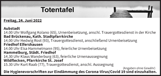 Anzeige von Totentafel vom 24.06.2022 von MGO