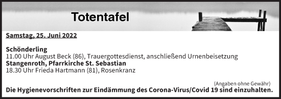 Anzeige von Totentafel vom 25.06.2022 von MGO