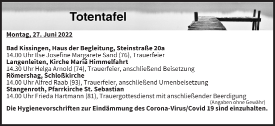 Anzeige von Totentafel vom 27.06.2022 von MGO